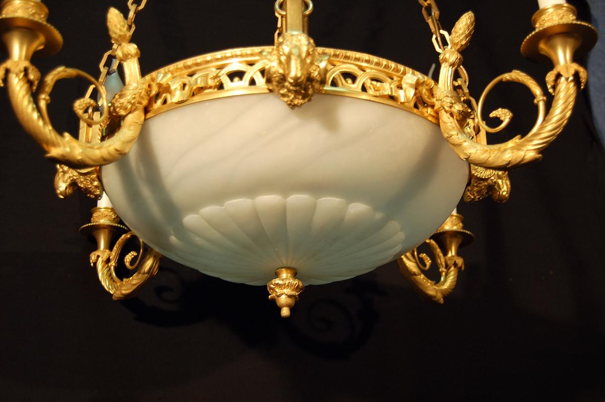 Lustre En Bronze Doré Et Ciselé, Coupe En Albâtre-photo-2