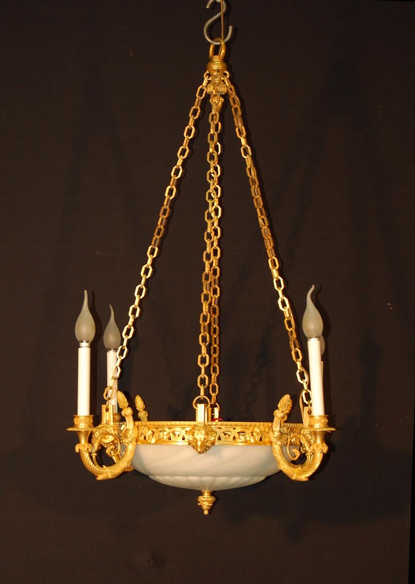 Lustre En Bronze Doré Et Ciselé, Coupe En Albâtre-photo-3
