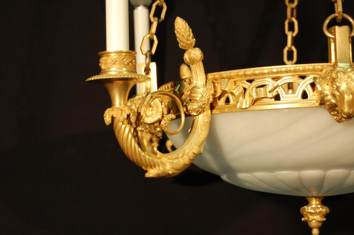 Lustre En Bronze Doré Et Ciselé, Coupe En Albâtre-photo-4