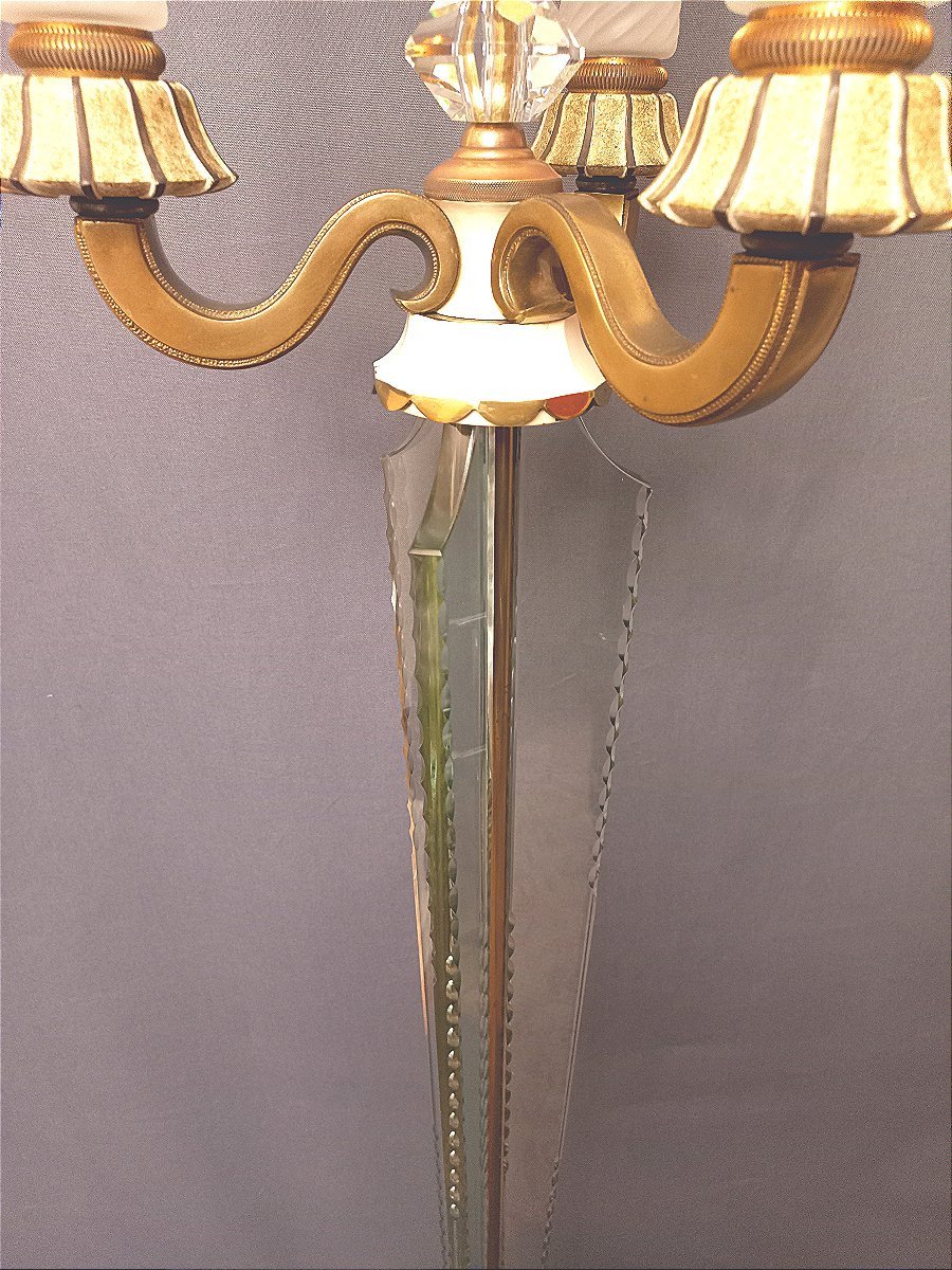Grd Lampadaire Cristal de Sèvres et Laiton Doré Début XXe-photo-1