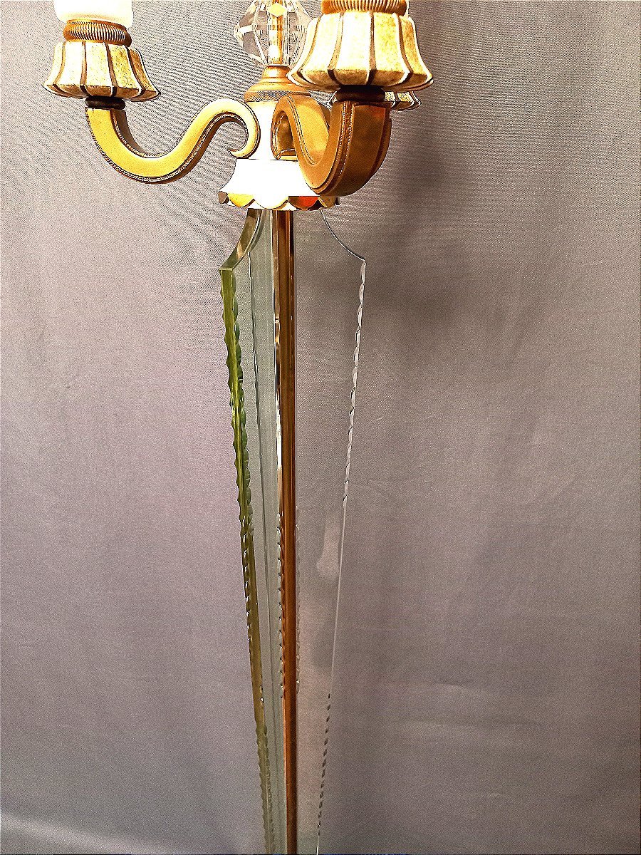 Grd Lampadaire Cristal de Sèvres et Laiton Doré Début XXe-photo-3