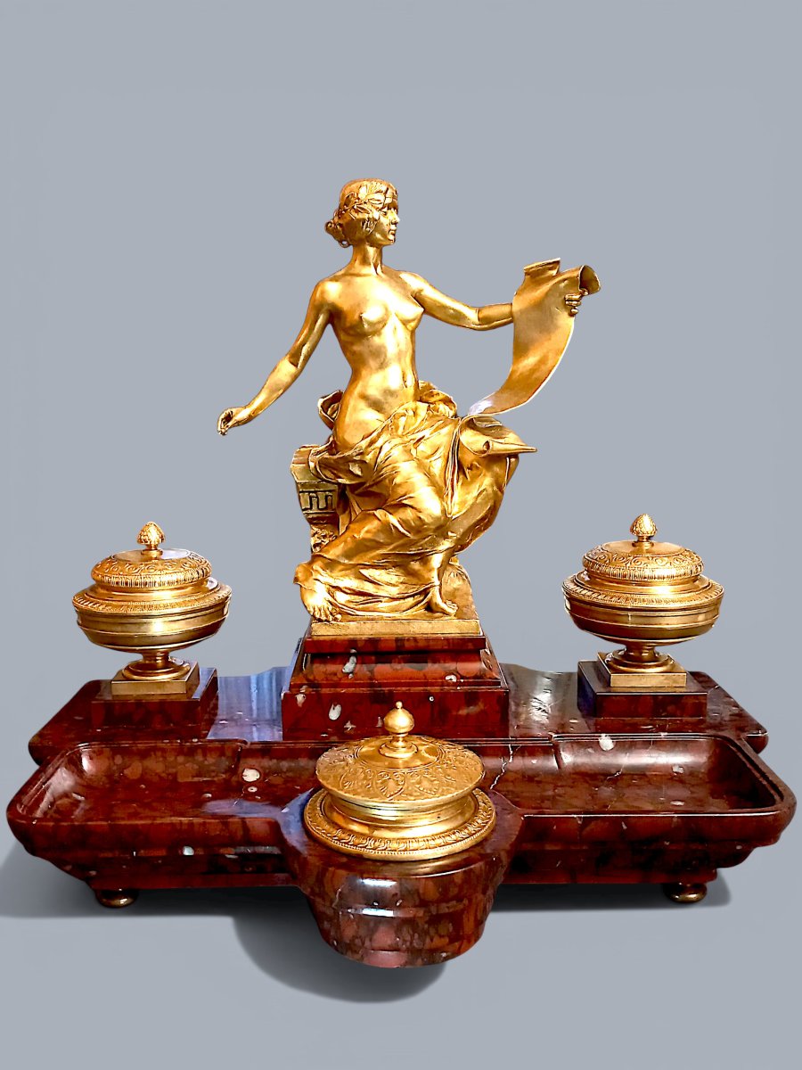 Marble And Gilt Bronze Inkwell "allegory Of History"-photo-2