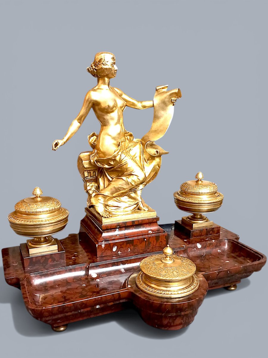 Marble And Gilt Bronze Inkwell "allegory Of History"-photo-4