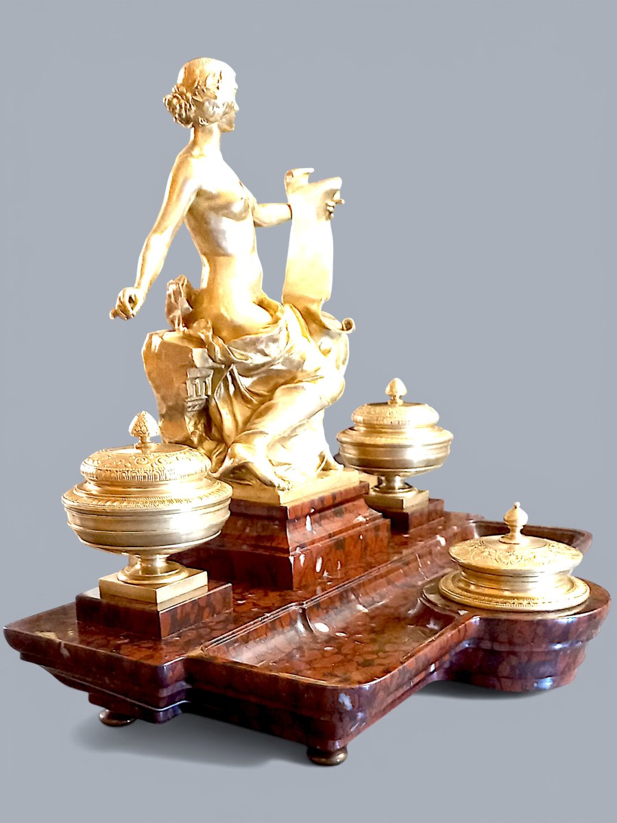 Marble And Gilt Bronze Inkwell "allegory Of History"-photo-1