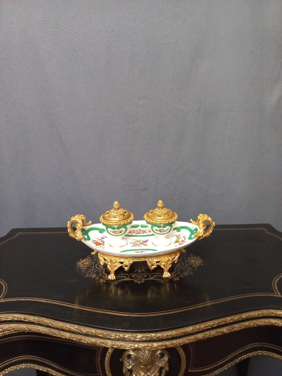 Inkwell In Sèvres Porcelain And Gilt Bronze-photo-5