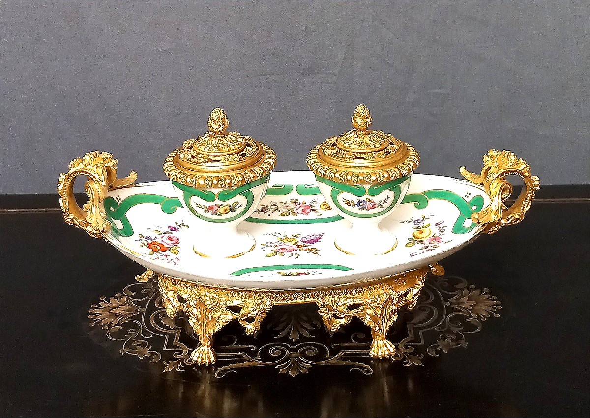 Inkwell In Sèvres Porcelain And Gilt Bronze