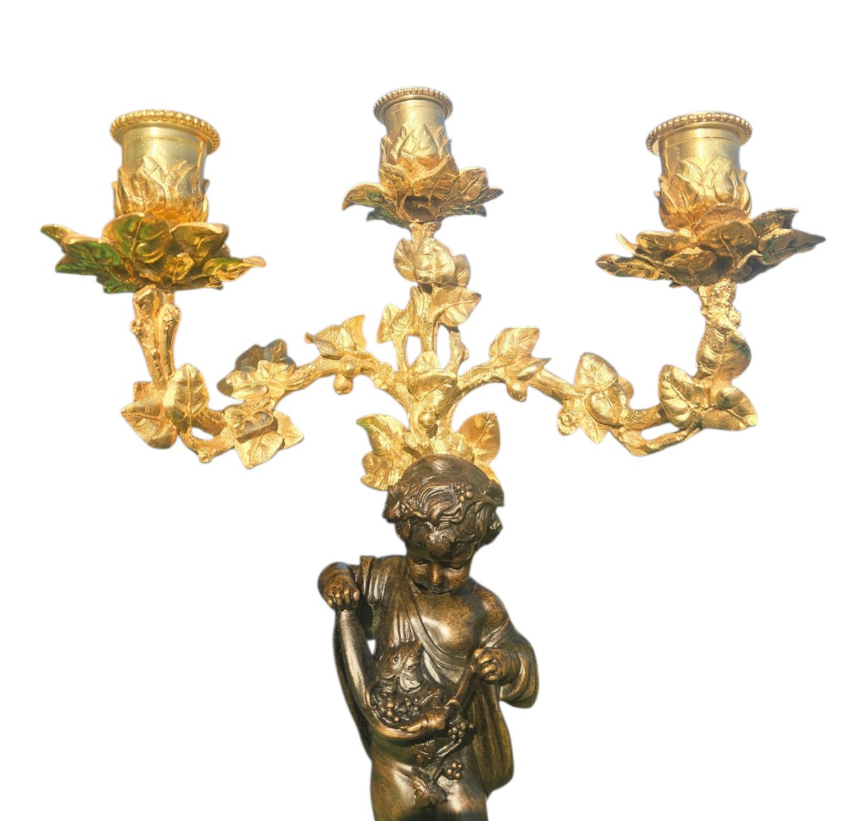 Paire de candélabres aux "putti"en bronze doré XIXème-photo-2