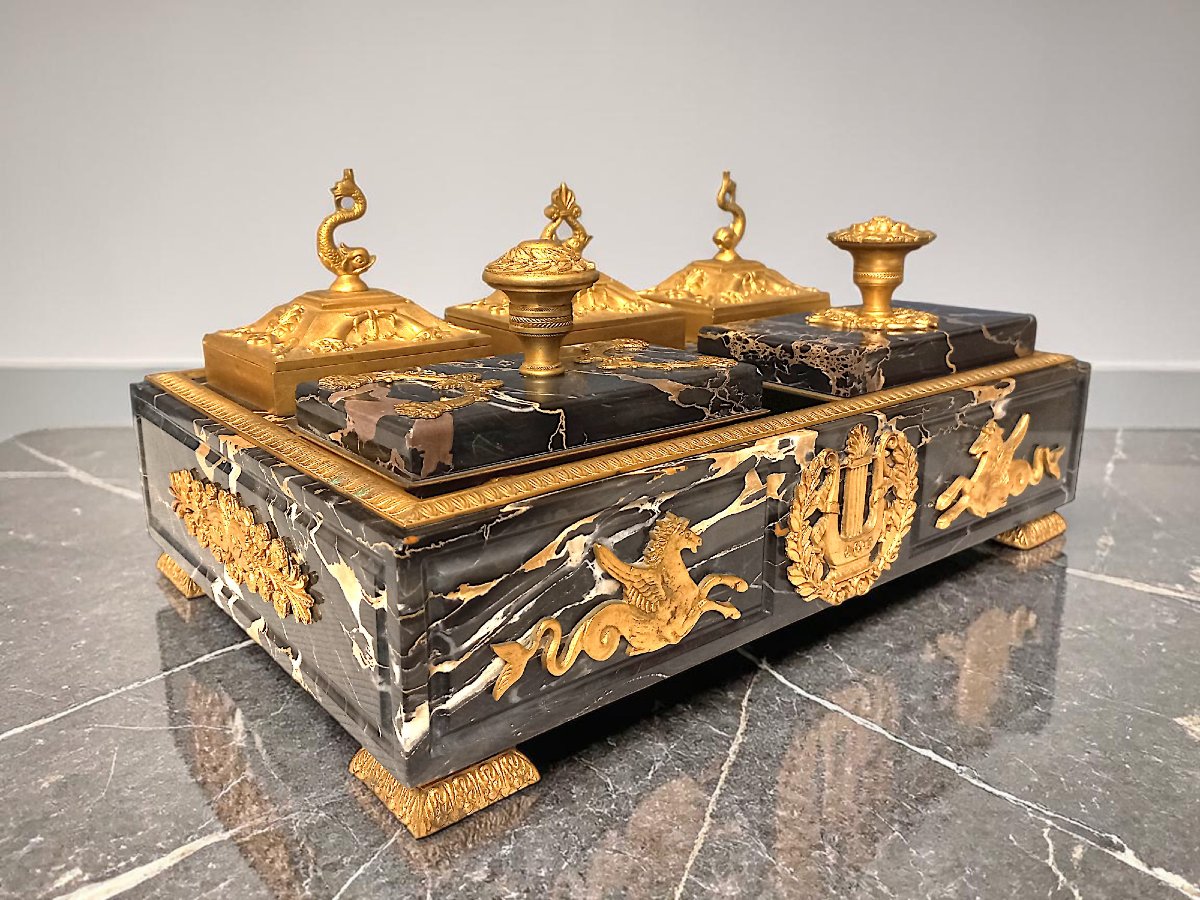 Nécessaire de bureau st Empire en marbre noir et bronze doré-photo-2