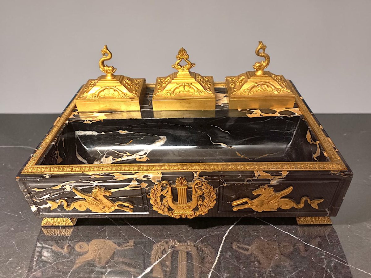 Nécessaire de bureau st Empire en marbre noir et bronze doré-photo-3