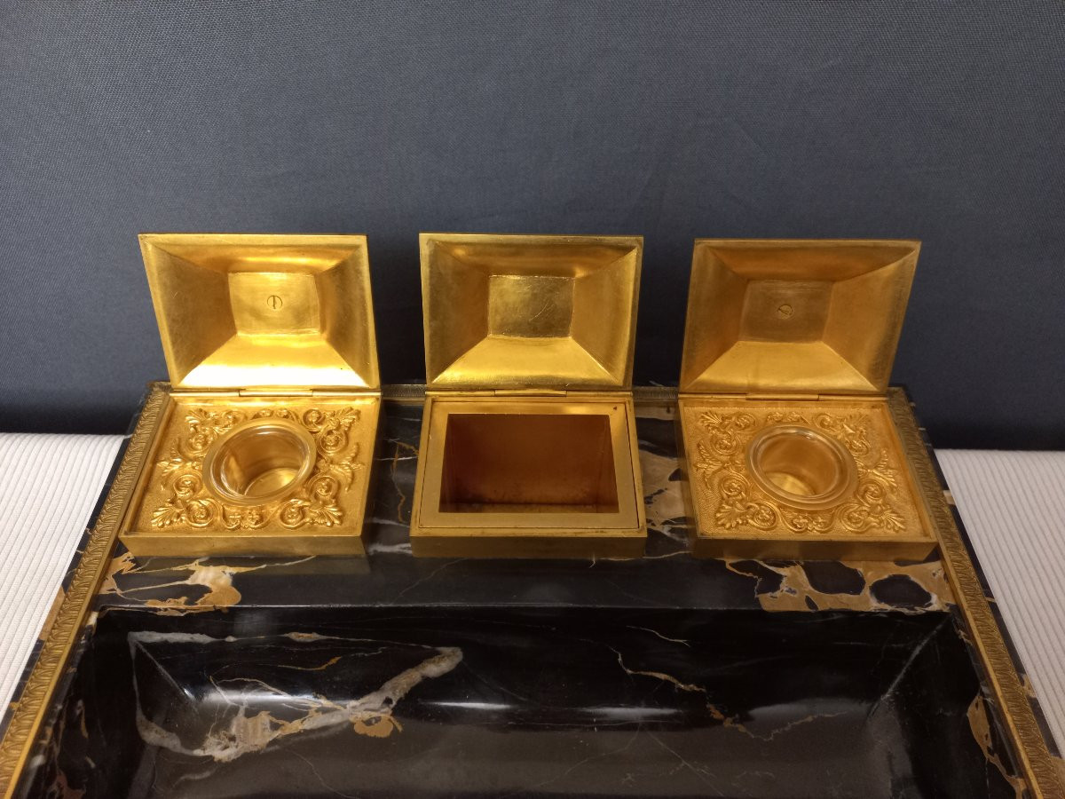 Nécessaire de bureau st Empire en marbre noir et bronze doré-photo-4
