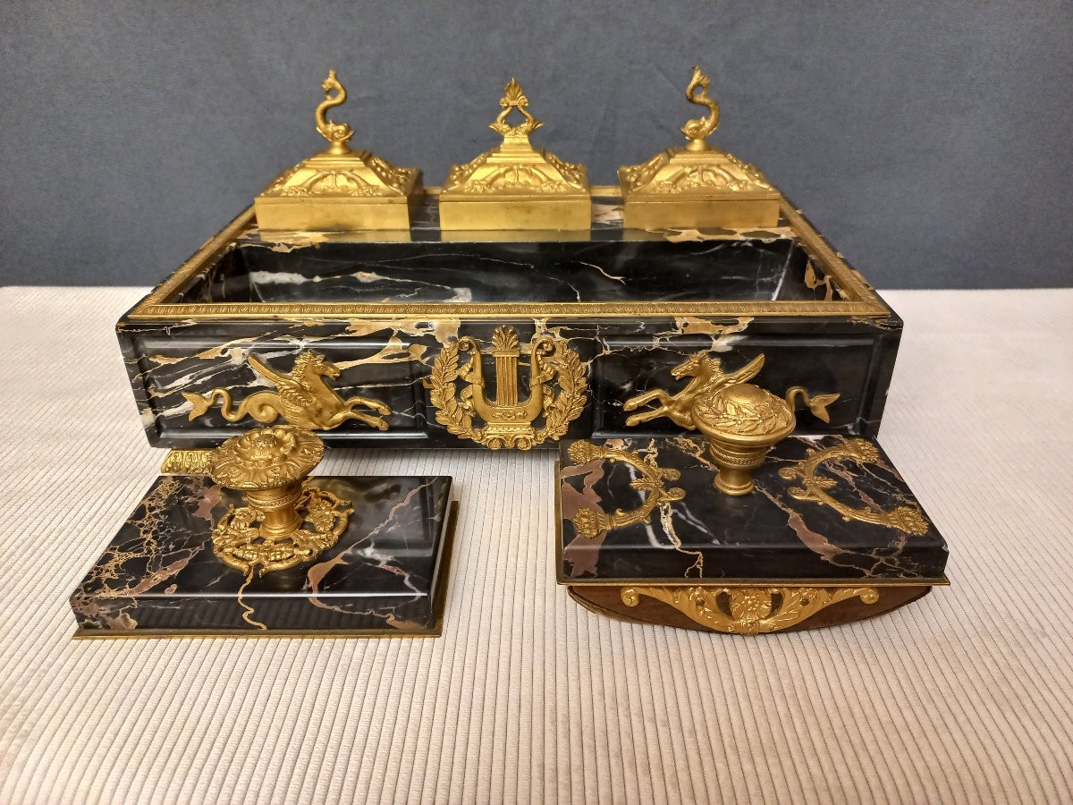 Nécessaire de bureau st Empire en marbre noir et bronze doré-photo-1