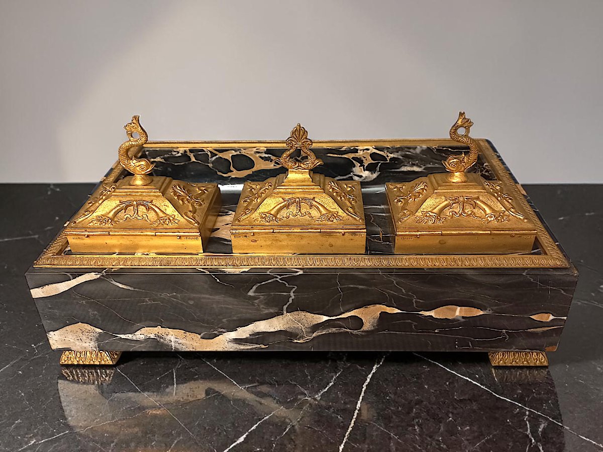Nécessaire de bureau st Empire en marbre noir et bronze doré-photo-6
