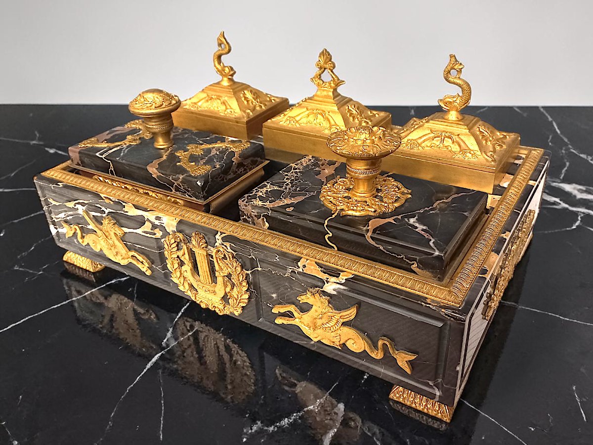 Nécessaire de bureau st Empire en marbre noir et bronze doré-photo-7
