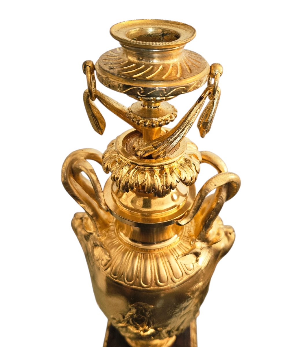 F. Barbedienne Et Clodion Gilt Bronze And Red Marble Torches-photo-2