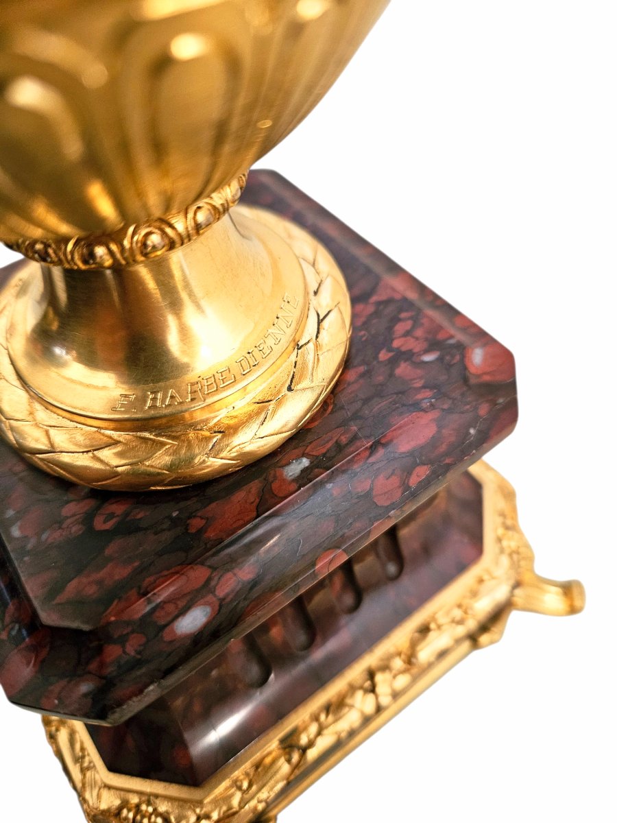F. Barbedienne Et Clodion Gilt Bronze And Red Marble Torches-photo-6