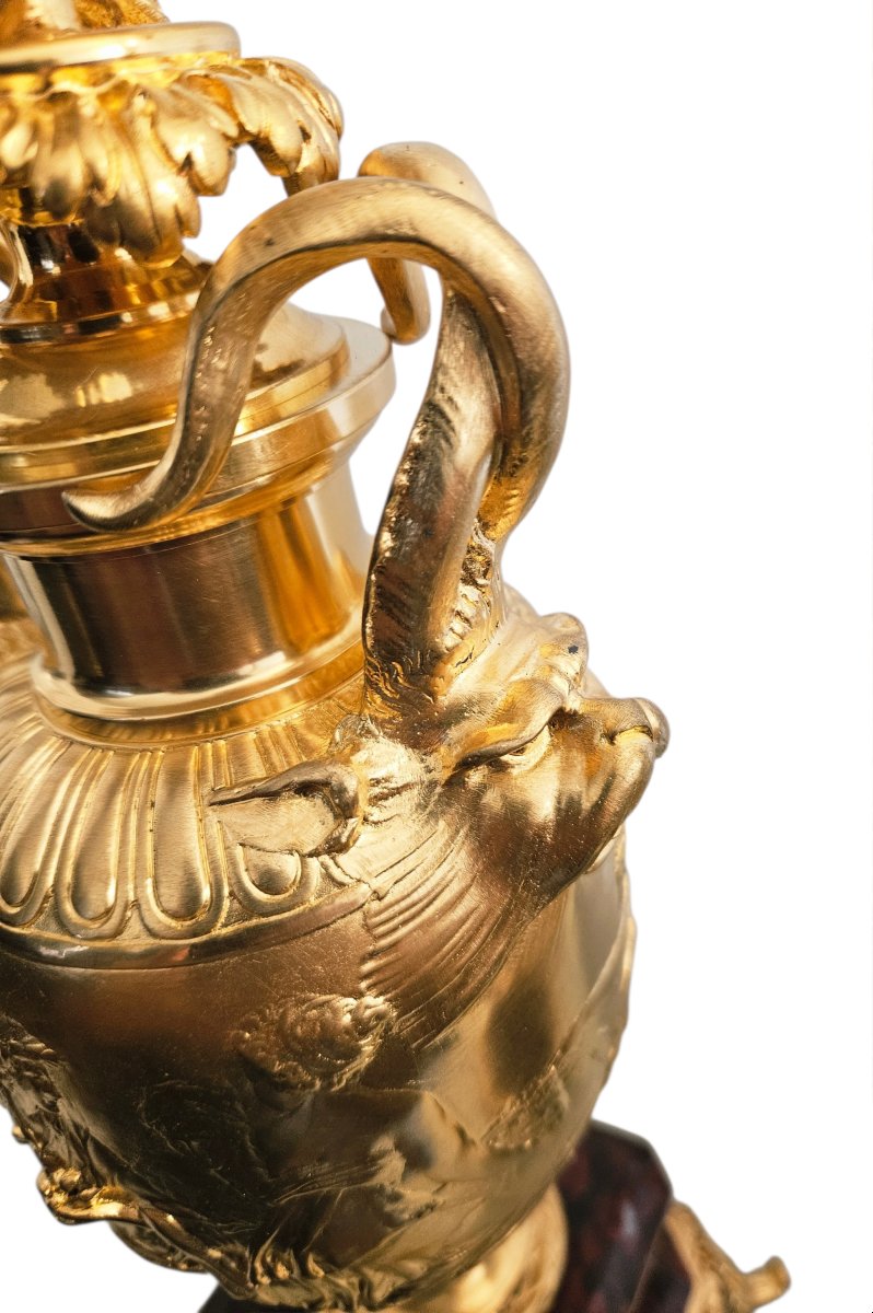 F. Barbedienne Et Clodion Gilt Bronze And Red Marble Torches-photo-7