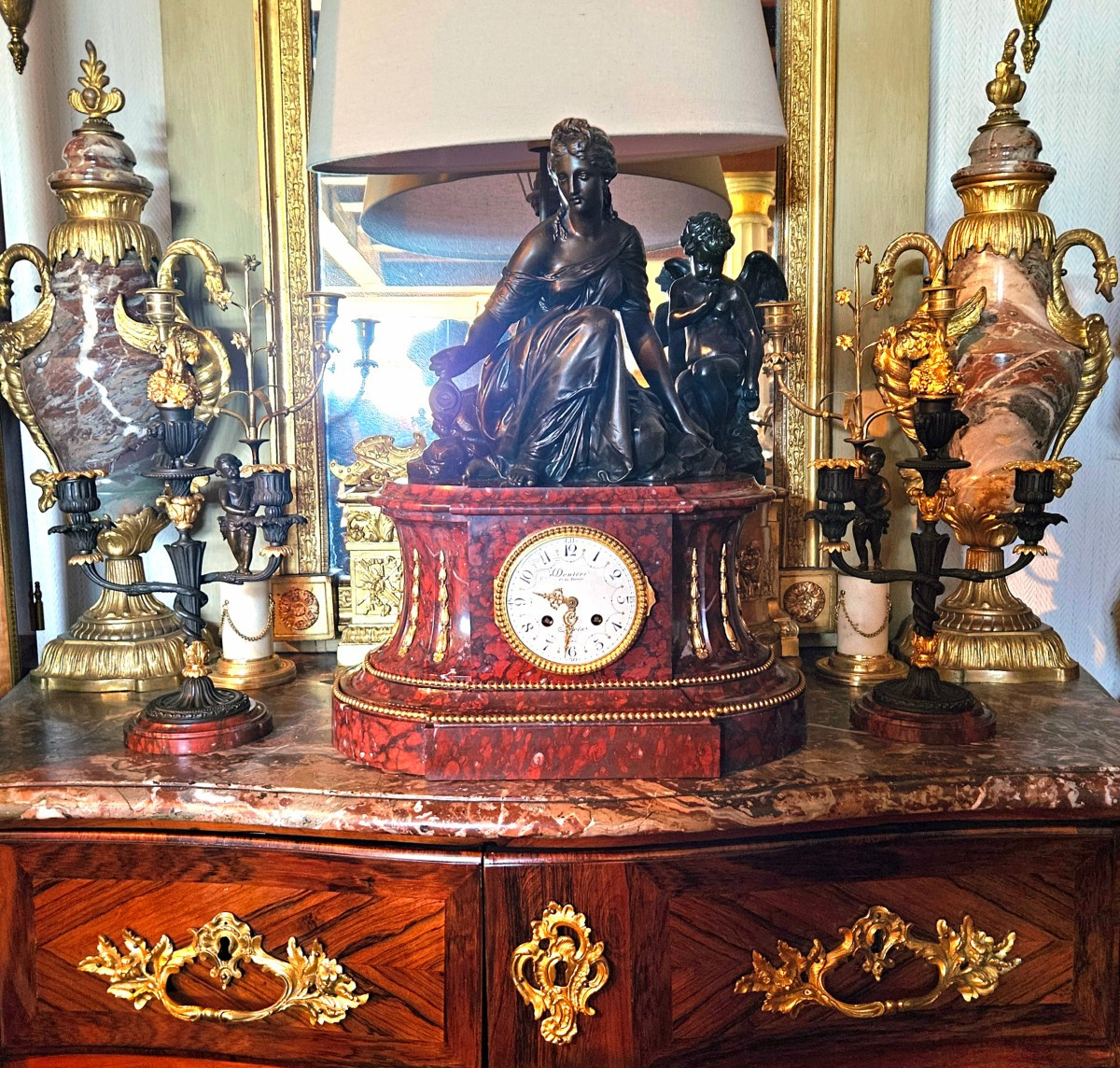 Pendulum Clock And Candelabra Signed Denière Bronzier In Paris