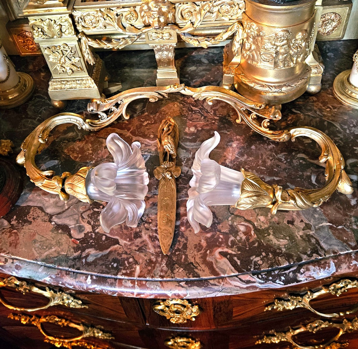 Pair Of Louis XV Style Gilt Bronze And Frosted Glass Sconces