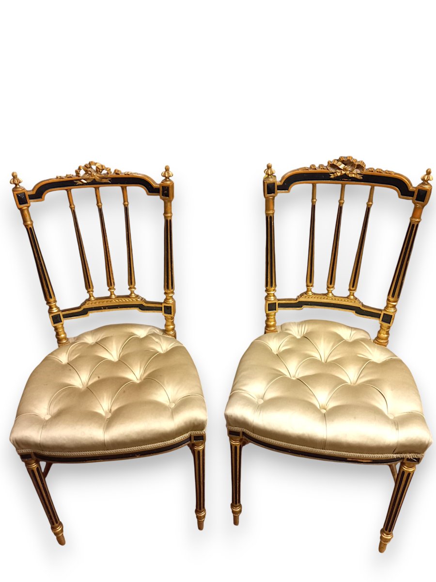 Pair Of Louis XVI Style Upholstered Chairs In Gilded Wood-photo-4