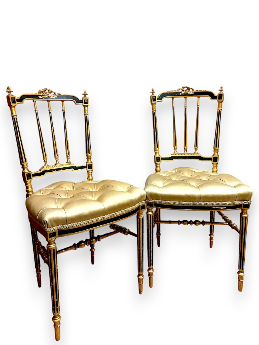 Pair Of Louis XVI Style Upholstered Chairs In Gilded Wood
