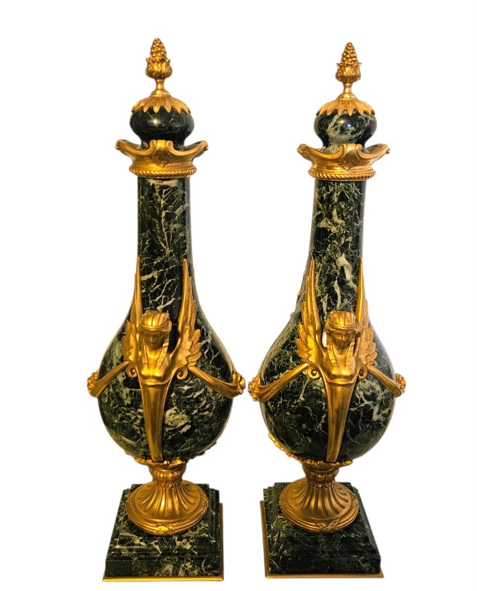 Grands vases d'ornement, marbre vert & bronze doré-photo-3
