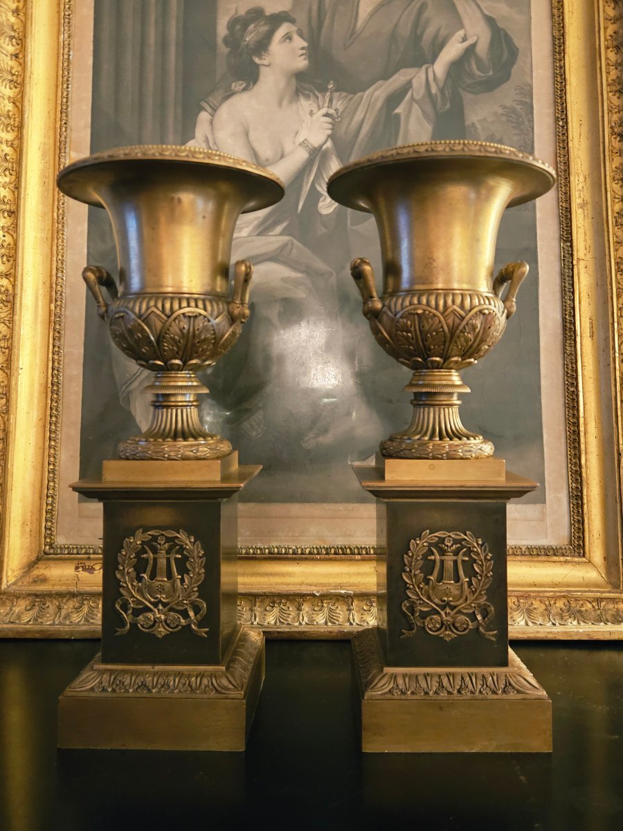 Pair Of Medici Vases In Patinated Bronze Circa 1820 Ht 35 Cm-photo-5
