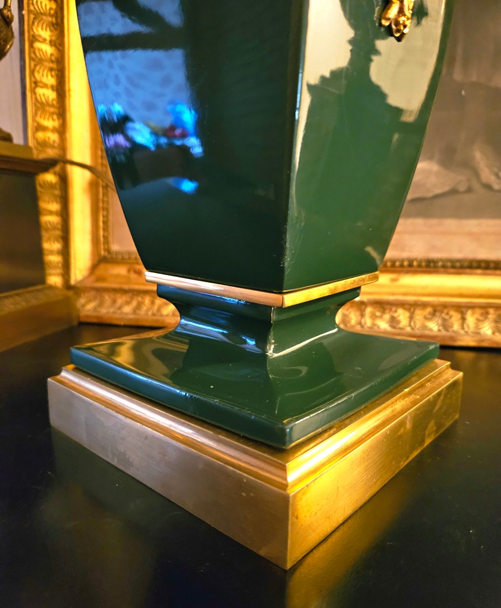 Maison Jansen Large Lamp In Green Lacquer And Gilded Bronze-photo-3