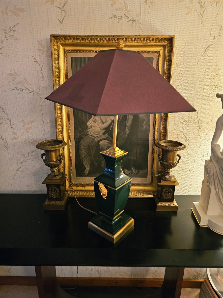 Maison Jansen Large Lamp In Green Lacquer And Gilded Bronze-photo-1