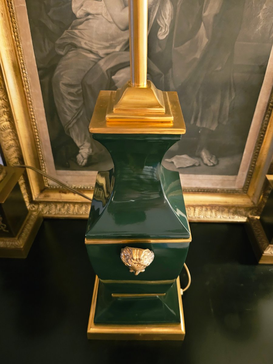 Maison Jansen Large Lamp In Green Lacquer And Gilded Bronze-photo-2