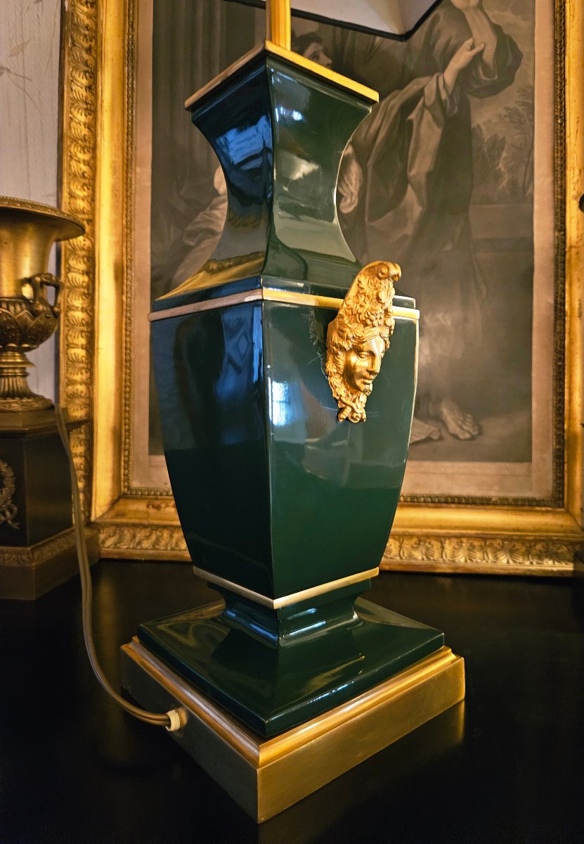 Maison Jansen Large Lamp In Green Lacquer And Gilded Bronze