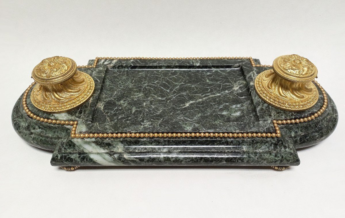 Important Encrier Bronze Doré Et Marbre Vert XIXe L 54 Cm-photo-3
