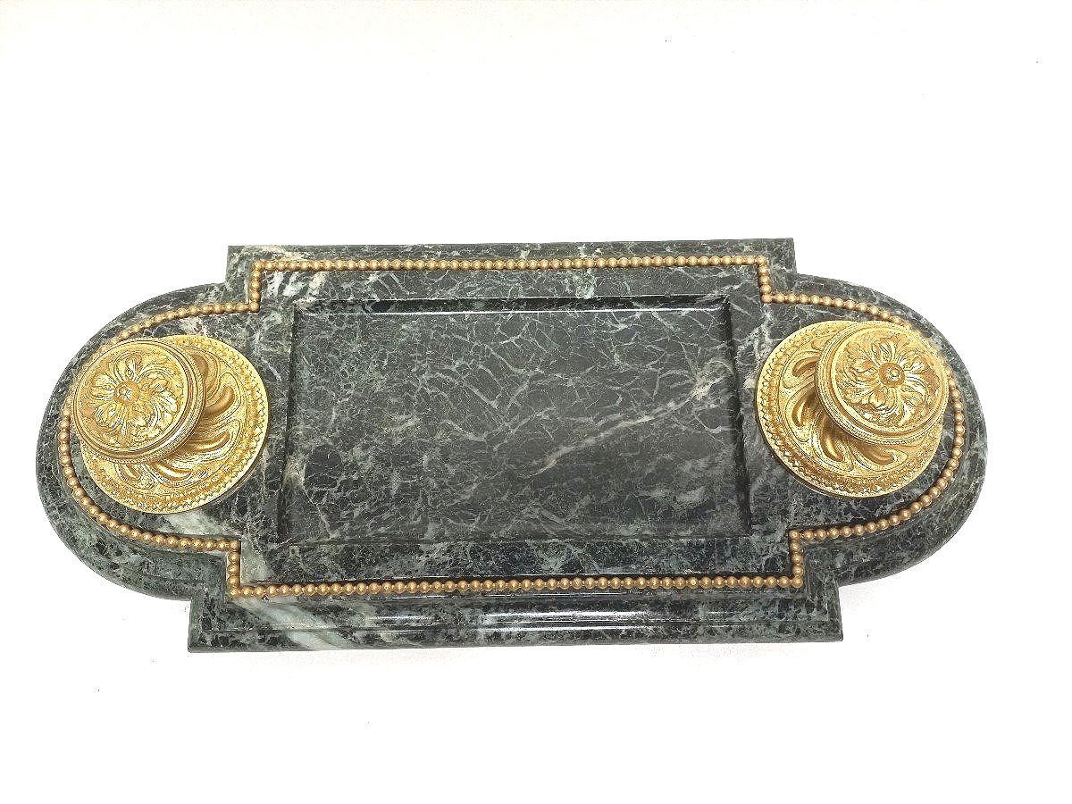 Important Encrier Bronze Doré Et Marbre Vert XIXe L 54 Cm-photo-4