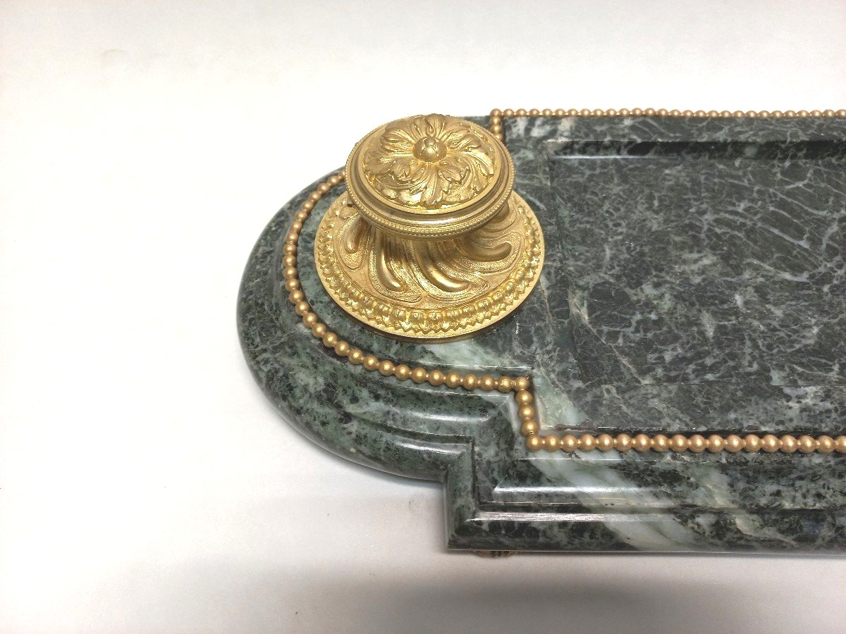Important Encrier Bronze Doré Et Marbre Vert XIXe L 54 Cm-photo-1