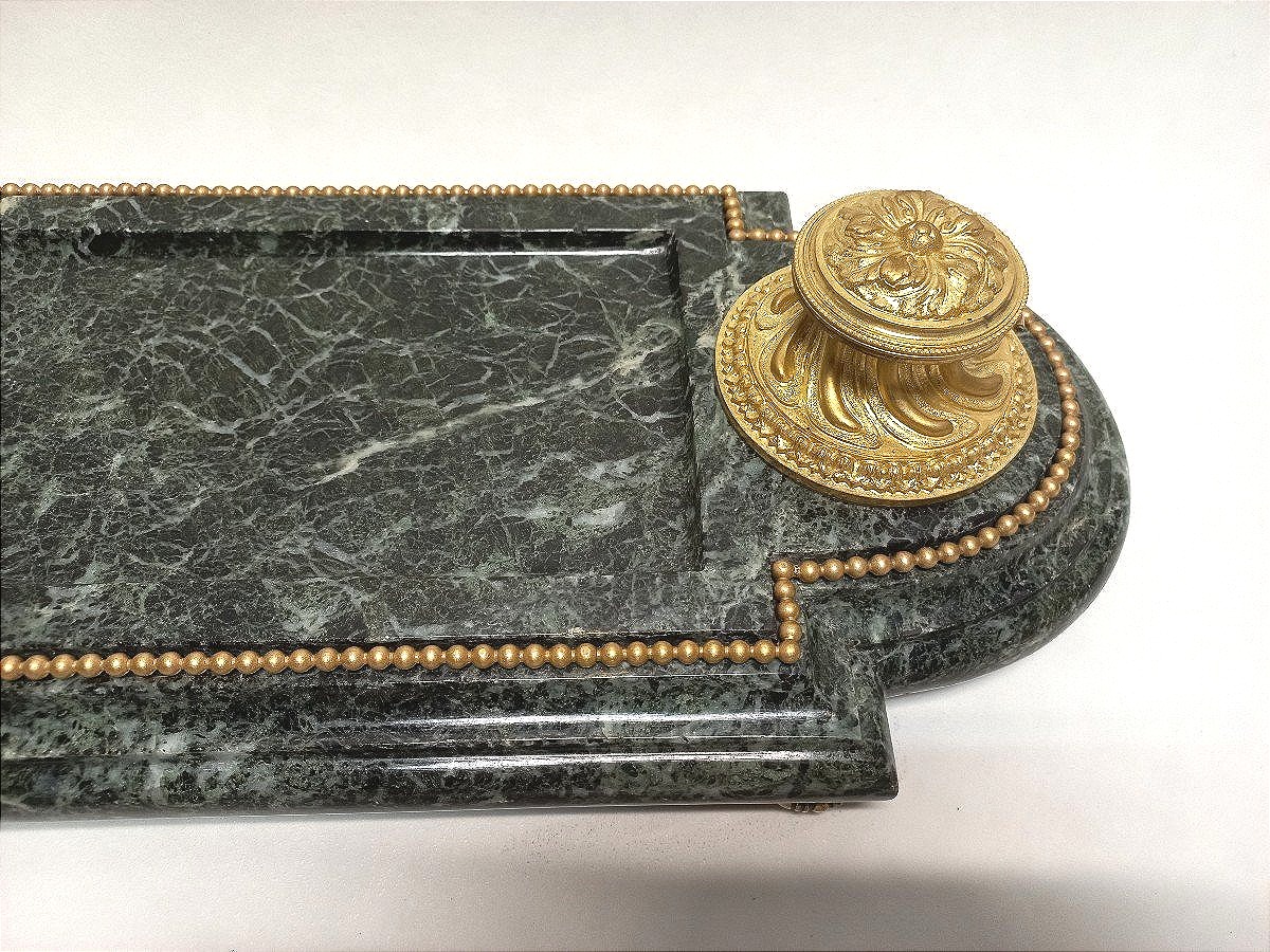 Important Encrier Bronze Doré Et Marbre Vert XIXe L 54 Cm-photo-2