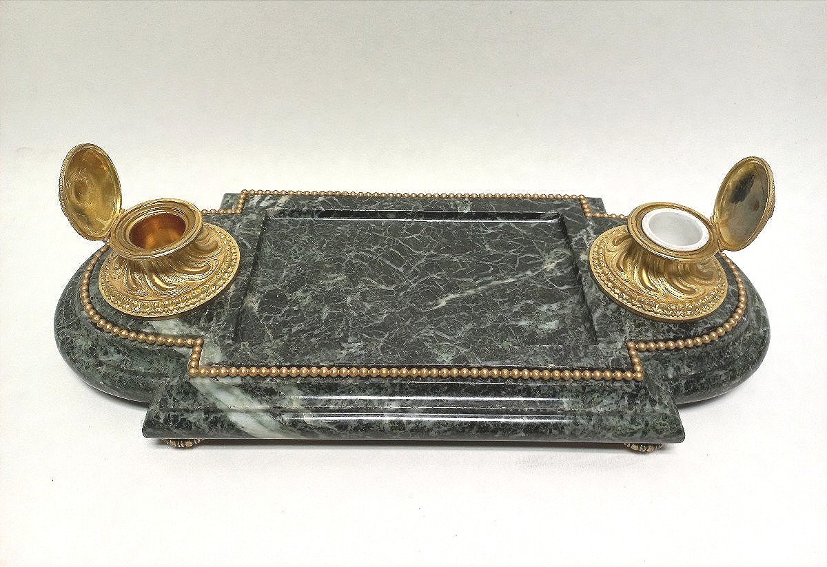 Important Encrier Bronze Doré Et Marbre Vert XIXe L 54 Cm-photo-3