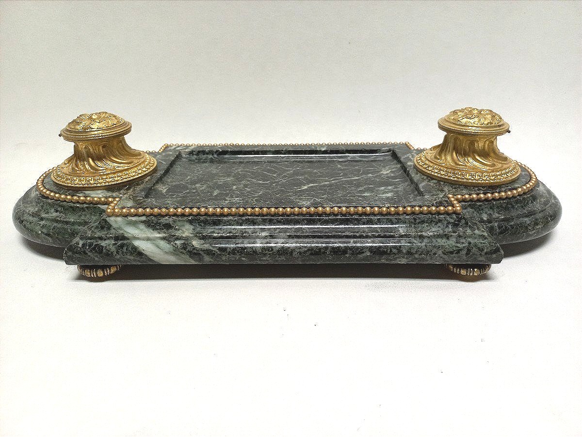 Important Encrier Bronze Doré Et Marbre Vert XIXe L 54 Cm-photo-4