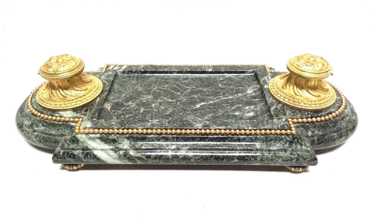 Important Encrier Bronze Doré Et Marbre Vert XIXe L 54 Cm