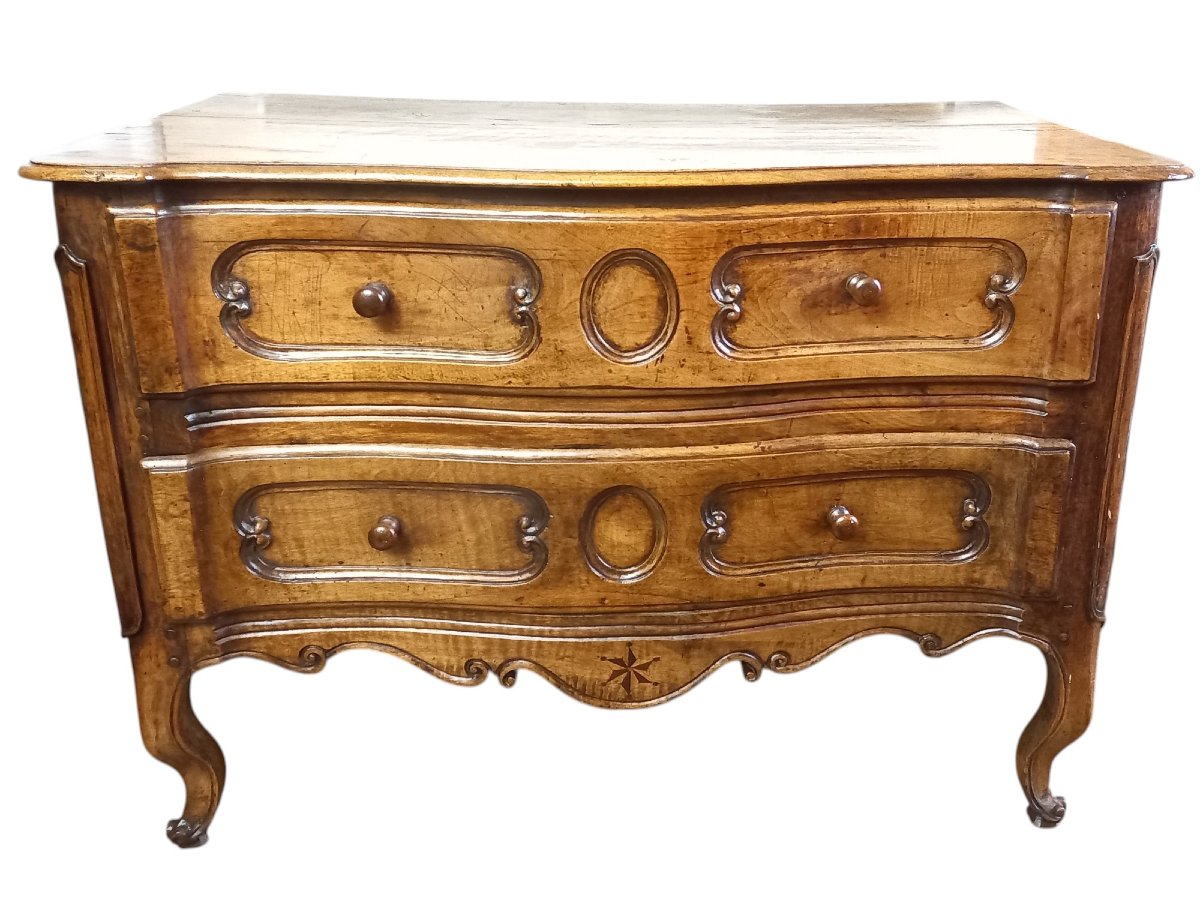 Commode galbée Louis XV en noyer XVIIIe siècle-photo-2