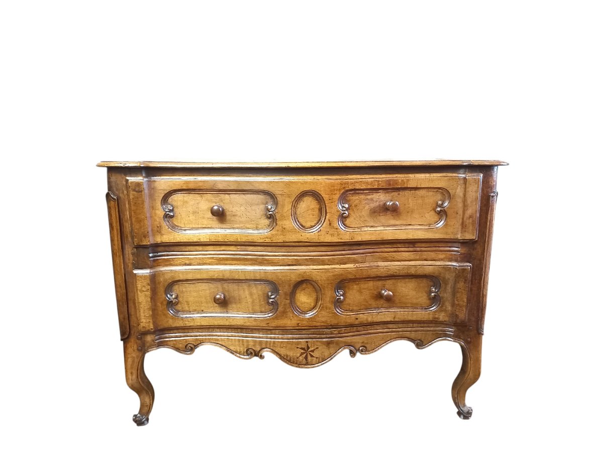 Commode galbée Louis XV en noyer XVIIIe siècle-photo-3