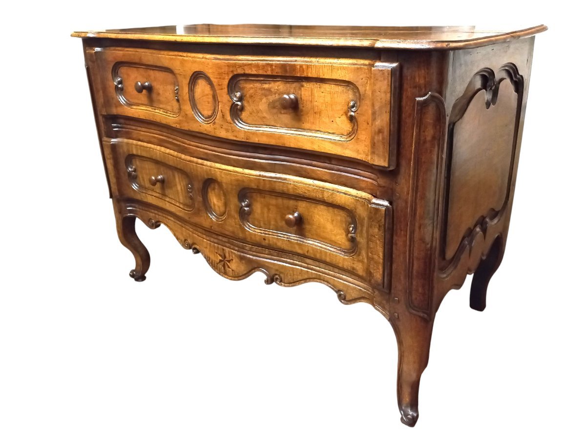 Commode galbée Louis XV en noyer XVIIIe siècle-photo-1