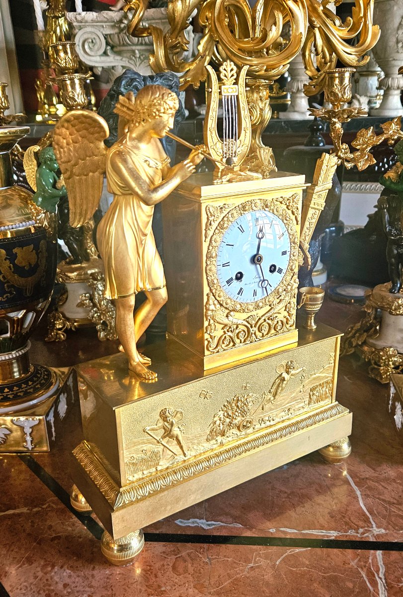 Empire-period Gilded Bronze Clock: Apollo With A Lyre-photo-3