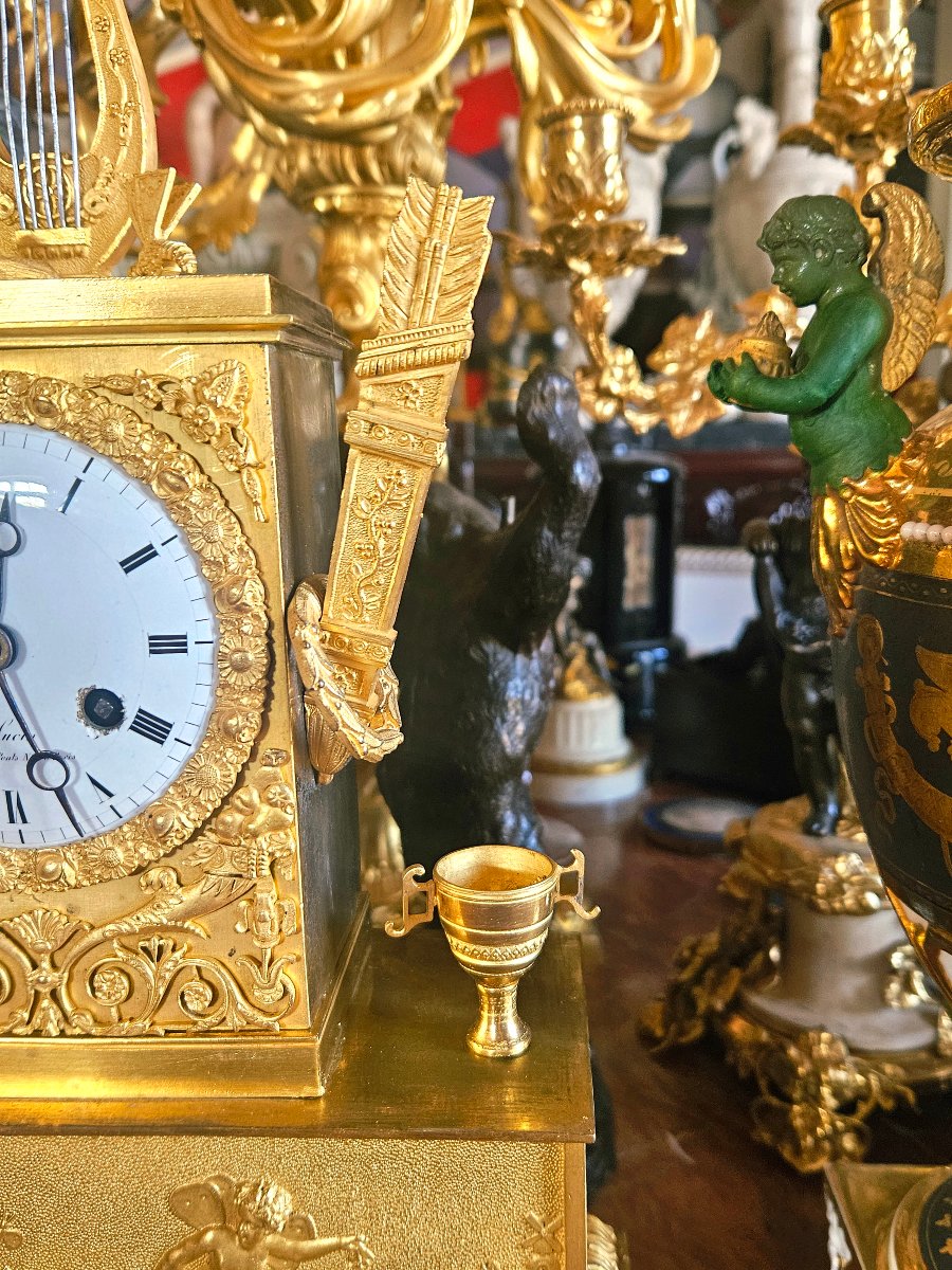 Empire-period Gilded Bronze Clock: Apollo With A Lyre-photo-6