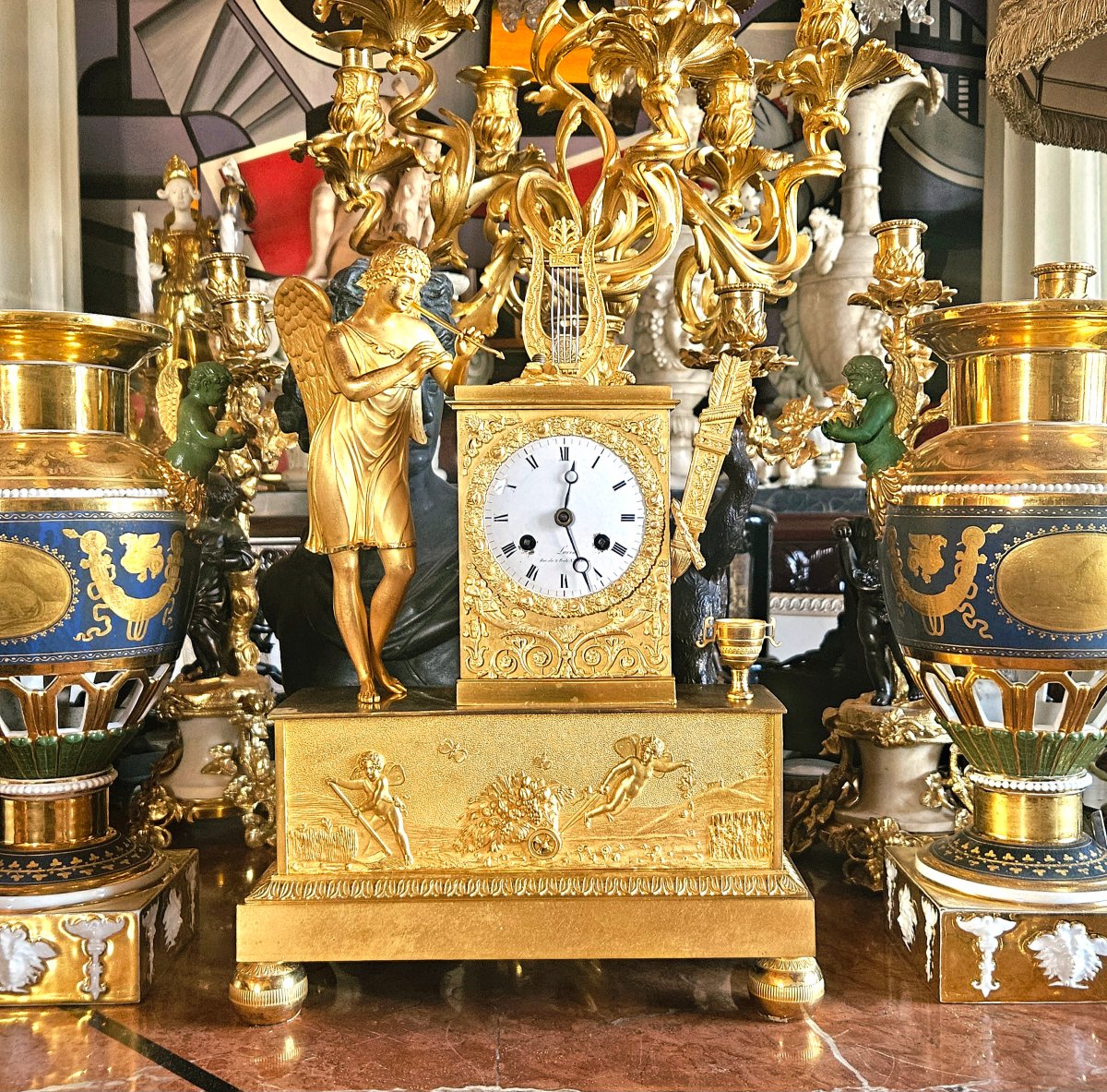 Empire-period Gilded Bronze Clock: Apollo With A Lyre
