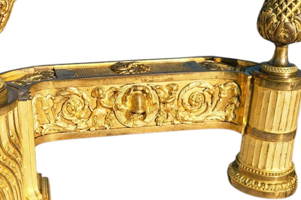 Paire de Grands Chenets "aux faunes" St Louis XVI  Bronze Doré - XIXe Siècle-photo-1