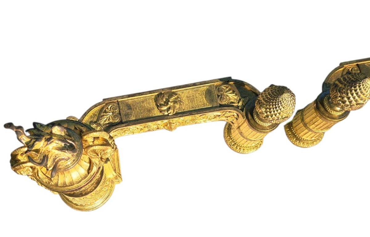 Paire de Grands Chenets "aux faunes" St Louis XVI  Bronze Doré - XIXe Siècle-photo-2