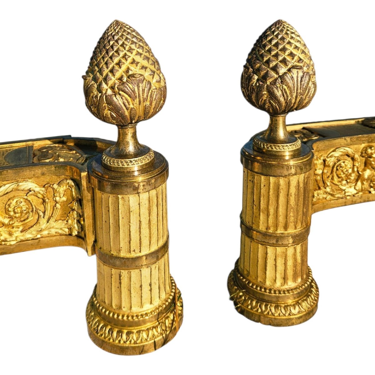 Paire de Grands Chenets "aux faunes" St Louis XVI  Bronze Doré - XIXe Siècle-photo-3