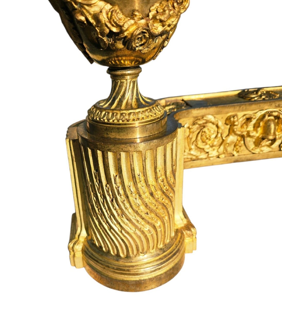 Paire de Grands Chenets "aux faunes" St Louis XVI  Bronze Doré - XIXe Siècle-photo-6