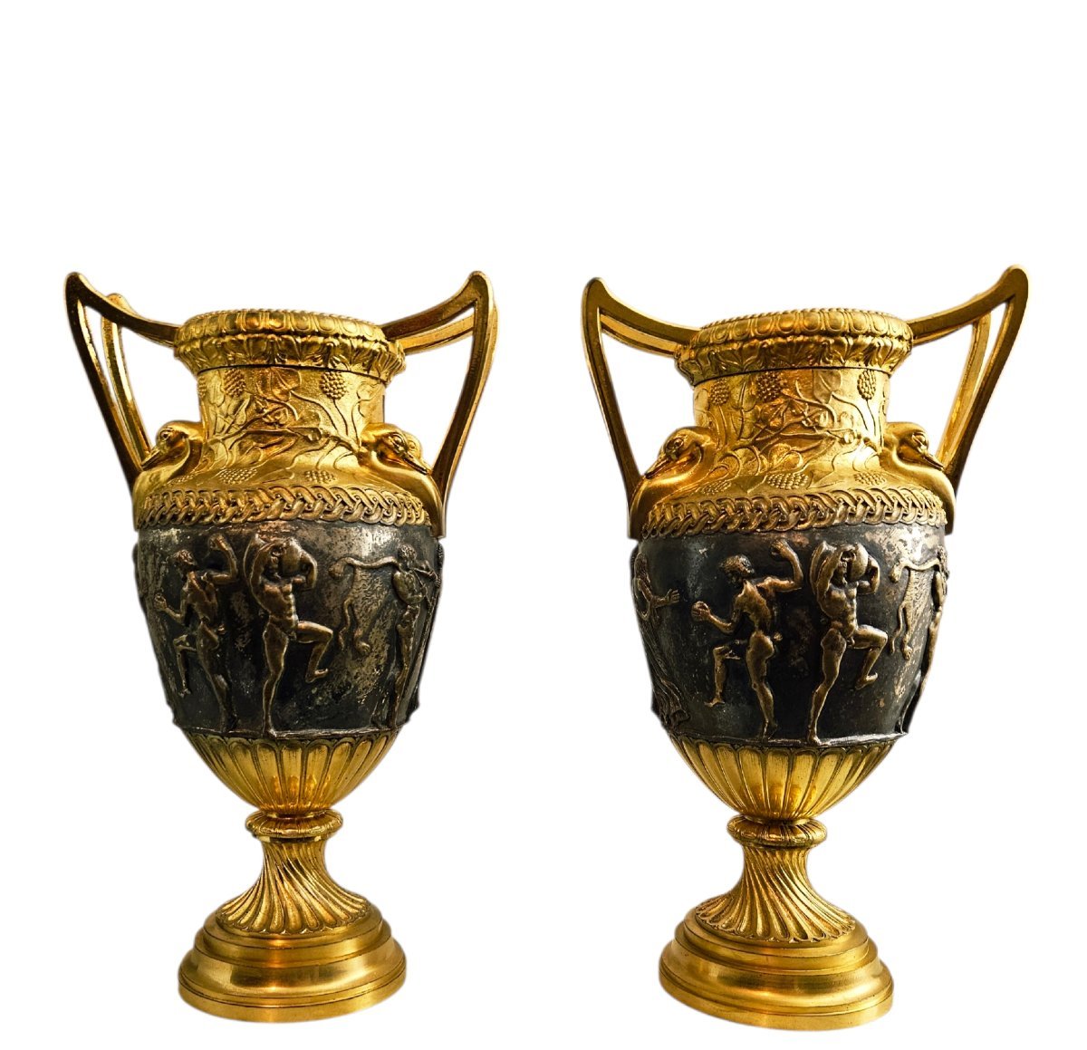 Auguste Delafontaine, Large Vases Known As The "sôsibios" Vases, Gilded And Silvered Bronze-photo-2