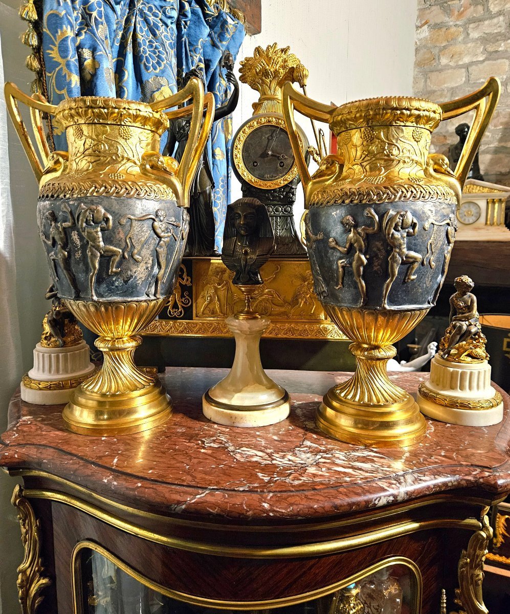 Auguste Delafontaine, Large Vases Known As The "sôsibios" Vases, Gilded And Silvered Bronze-photo-2