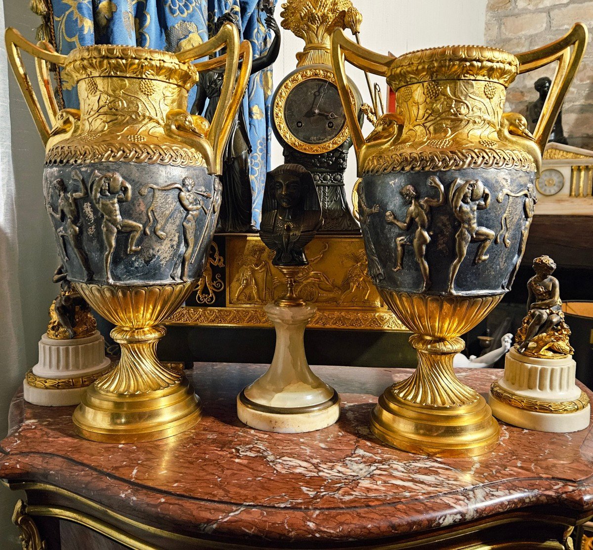 Auguste Delafontaine, Large Vases Known As The "sôsibios" Vases, Gilded And Silvered Bronze